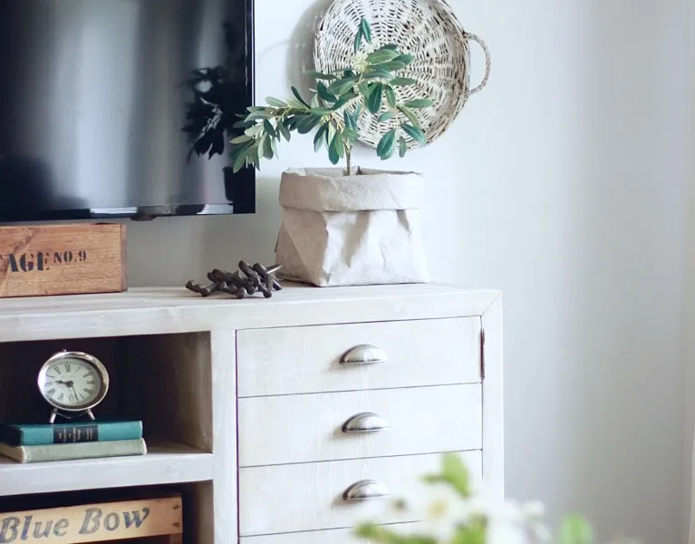 Our White Woodsy Living Room